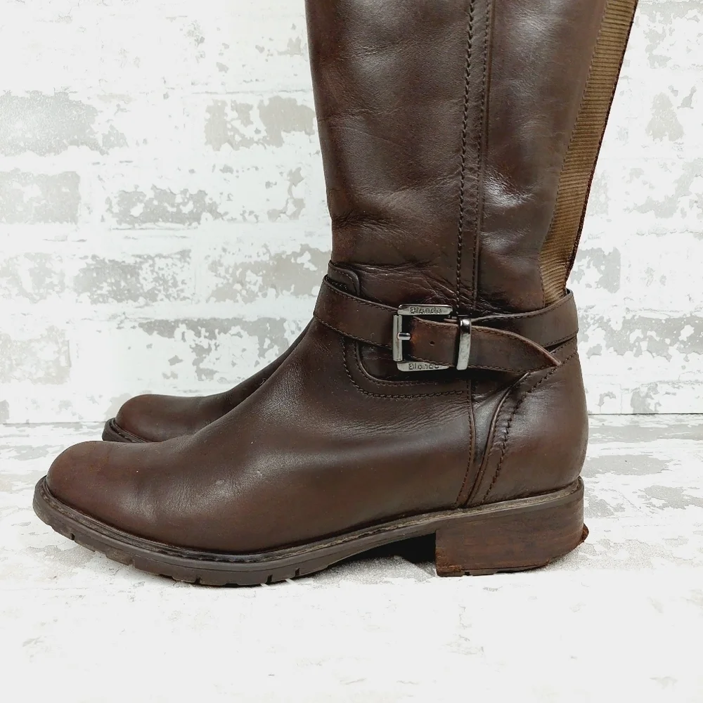 Blondo Valente Brown Leather Elastic Panel Buckle Detail Riding Boots H684